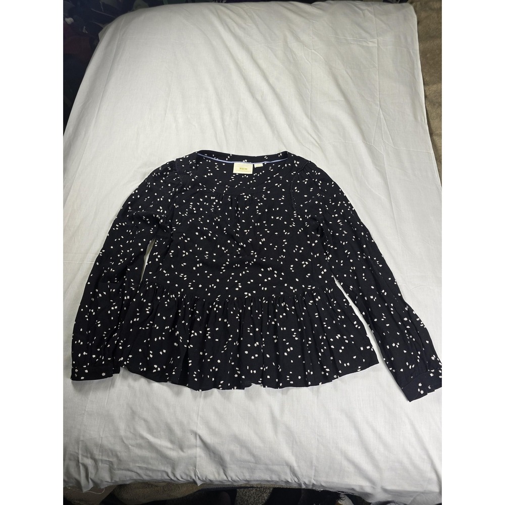 Maeve Anthropologie Shirt Womens Small Black Geometric Ruffle Peplum Long Sleeve